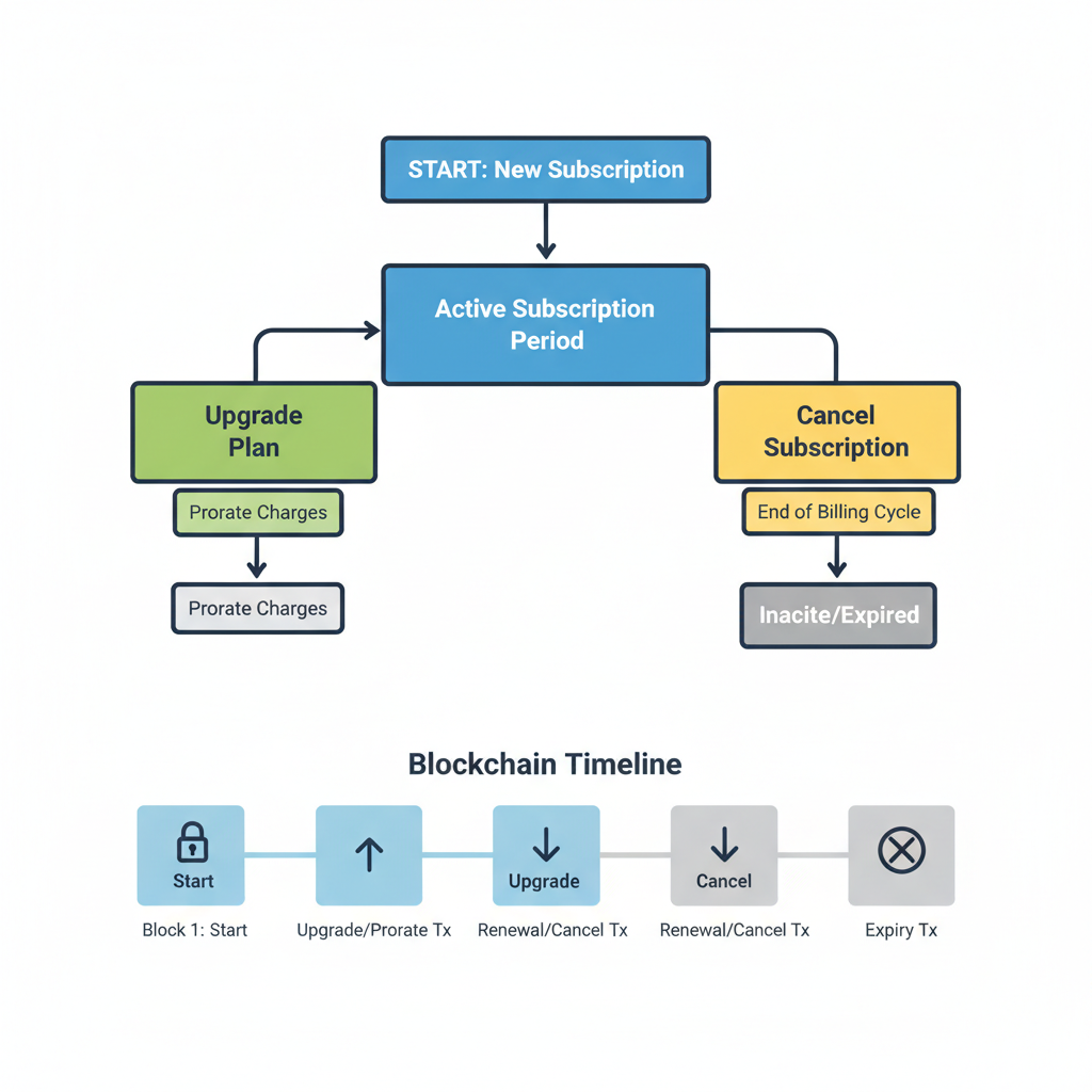 flowchart of subscription lifecycle: upgrade, prorate, cancel, blockchain timeline