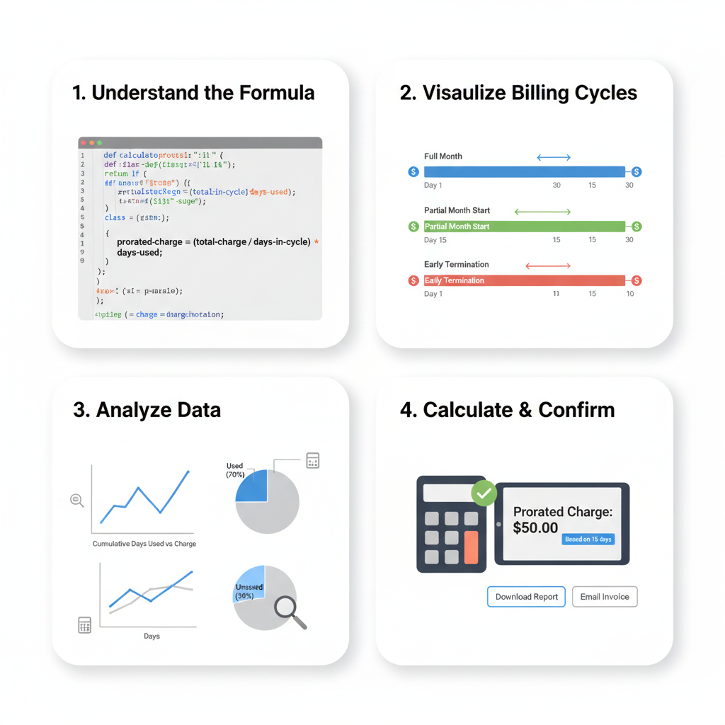 code snippet showing proration calculation formula, charts of billing cycles, analytical graphs