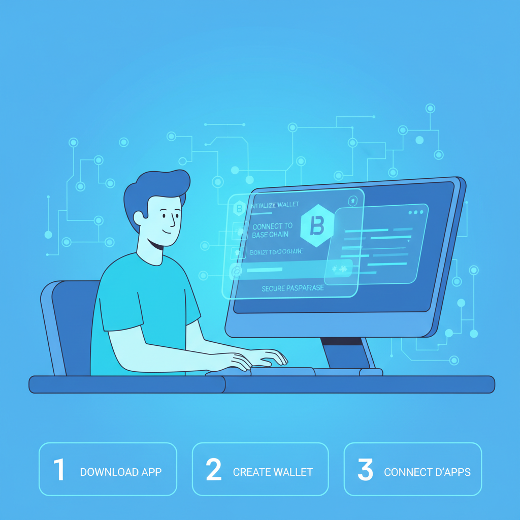 developer setting up Base chain wallet on computer, glowing blockchain nodes, futuristic UI