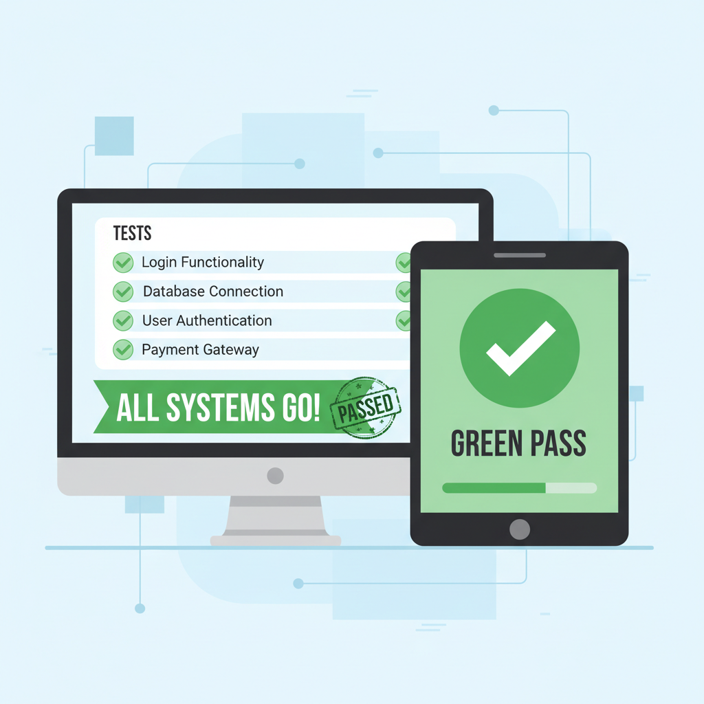 testing suite with green pass checks, Base mainnet deployment success screen, analytics dashboard