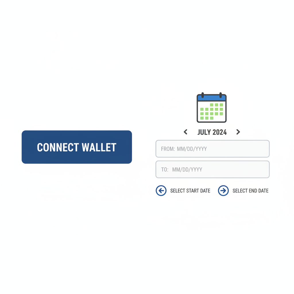 wallet connect button and calendar date range selector