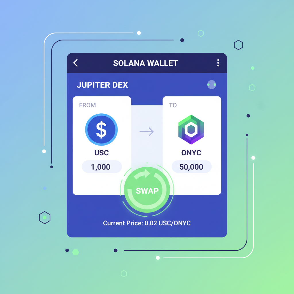 Solana wallet swapping USDC for ONyc token on Jupiter DEX, vibrant crypto interface, energetic green buy button, futuristic UI