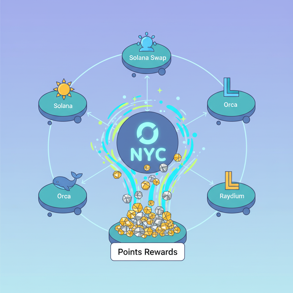 ONyc ecosystem with points rewards, Solana DeFi protocols connected, shiny points badges accumulating, energetic reward animation