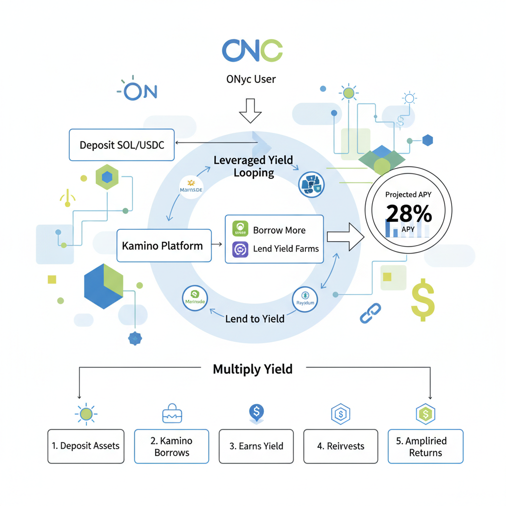 Kamino Multiply strategy for ONyc, leveraged yield looping diagram, charts showing 28% APY, dynamic Solana DeFi visuals