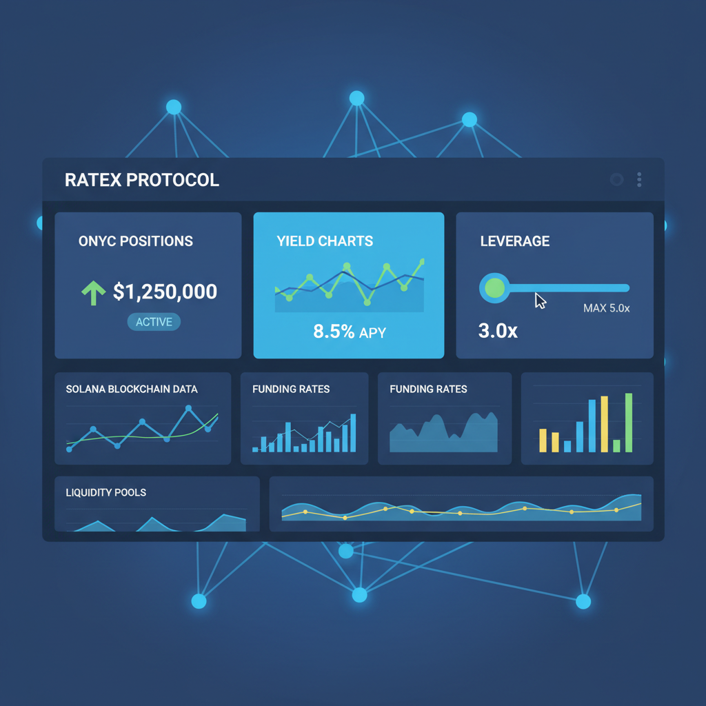 RateX dashboard monitoring ONyc positions, yield charts, leverage sliders, Solana blockchain background, professional trading UI