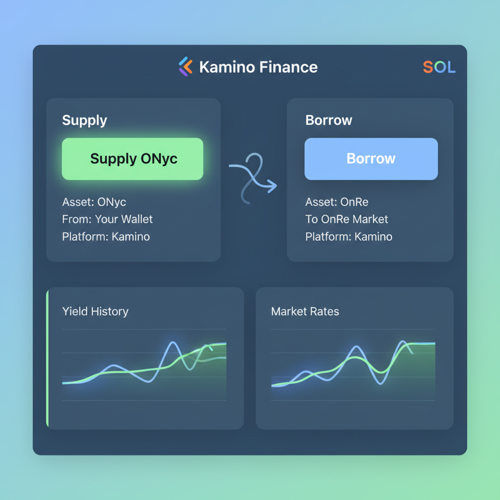 Kamino Finance dashboard supplying ONyc to OnRe Market, Solana DeFi interface, supply button highlighted, yield charts glowing