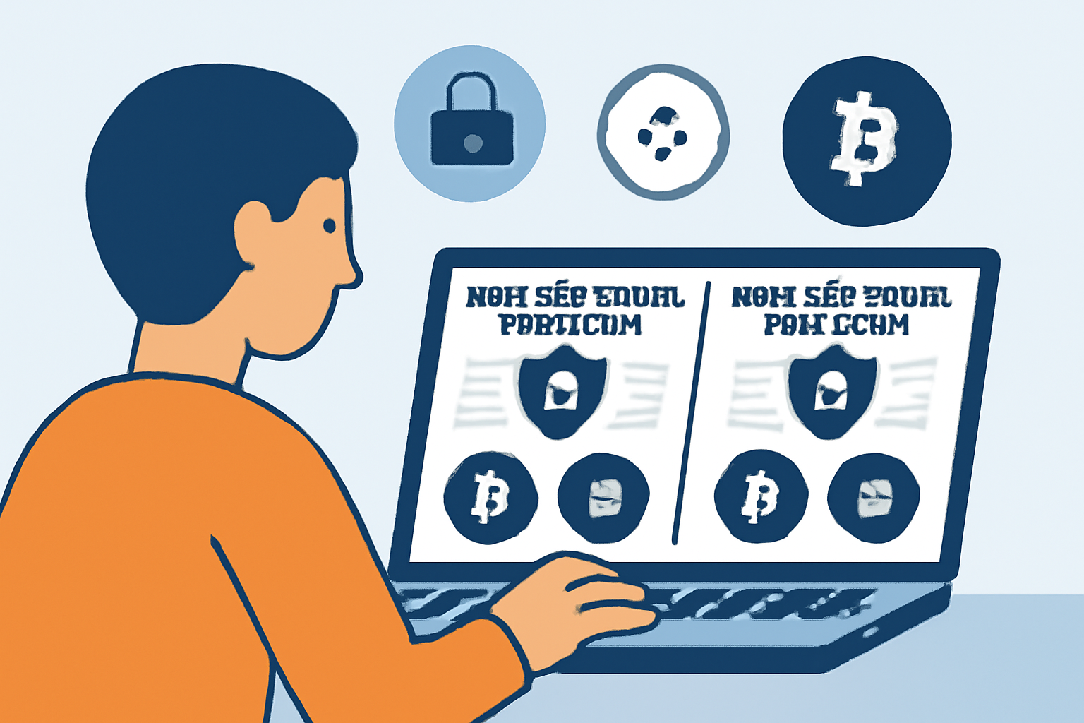 A person browsing a laptop, comparing different non-custodial crypto exchange websites, with privacy icons and crypto symbols on the screen.