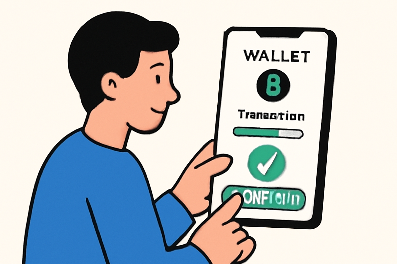 A user confirming a crypto transaction on their wallet app, with a progress bar and confirmation checkmark.