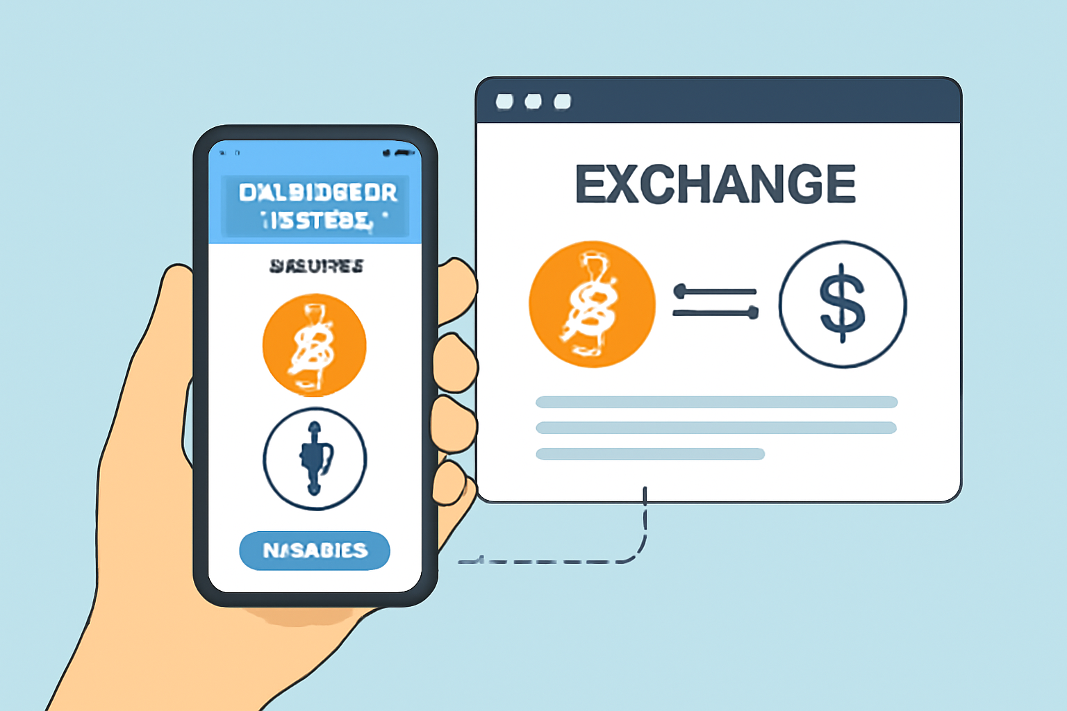 A hand holding a smartphone displaying a self-custodial crypto wallet app, connecting to a web-based exchange interface.