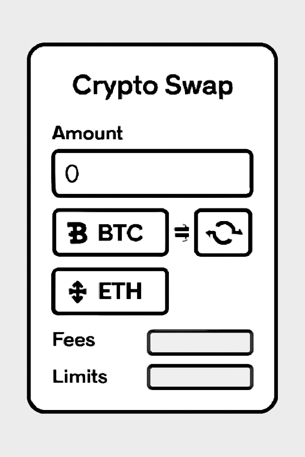 A screen displaying a crypto swap form, with fields for amount, fees, and limits clearly visible.