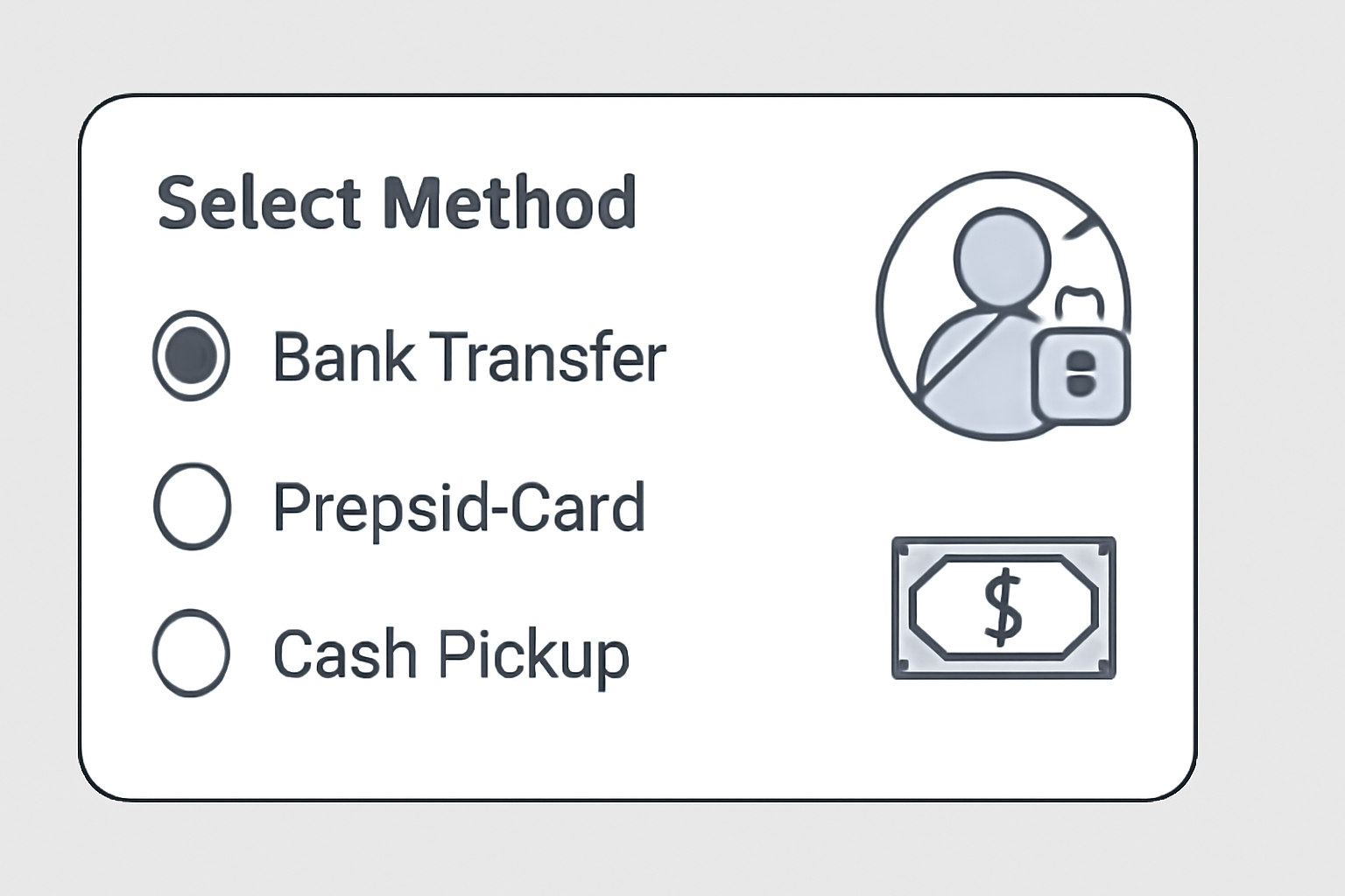 A digital form with options for bank transfer, prepaid card, and cash pickup, with privacy icons emphasizing minimal KYC.
