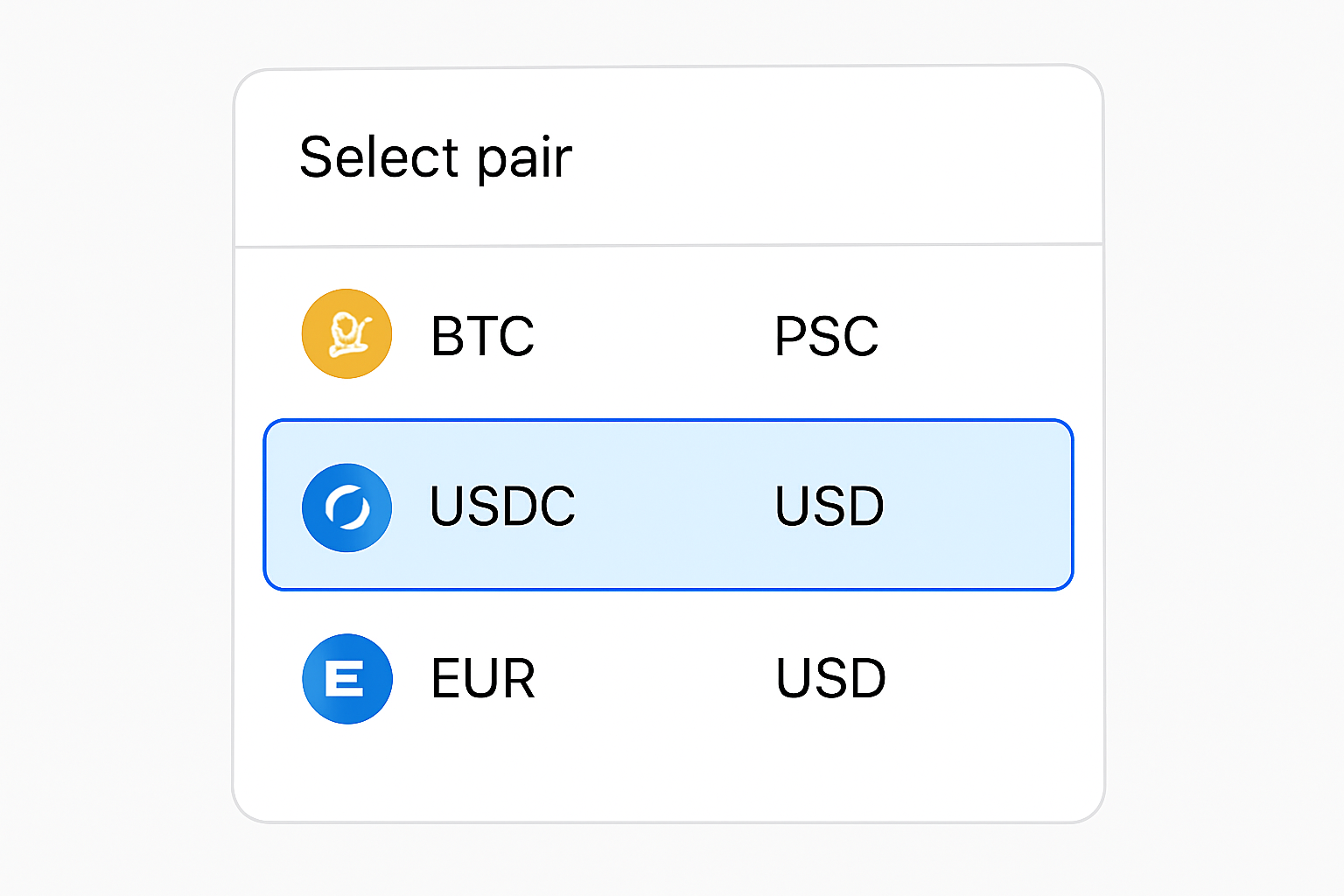 A digital interface showing a selection menu for crypto and fiat currency pairs, highlighting USDC to USD.