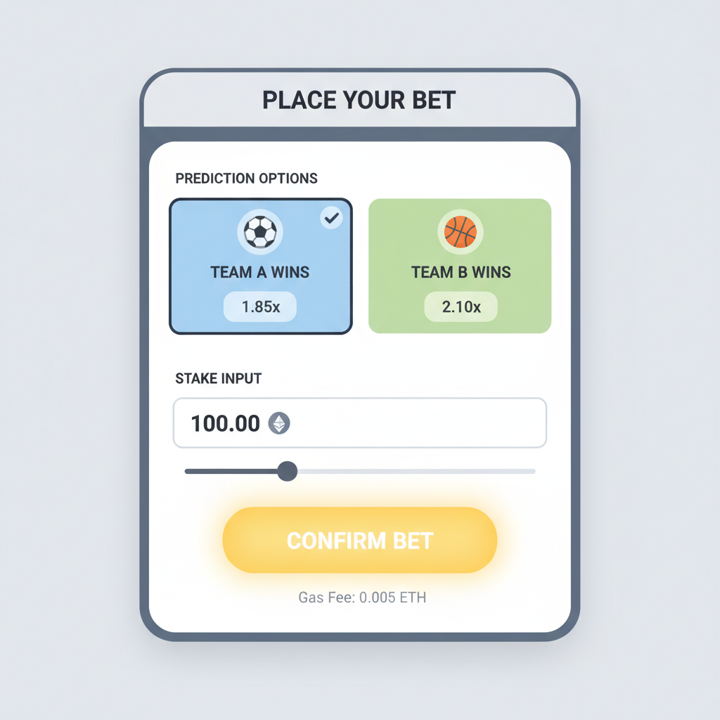 placing on-chain sports bet UI, prediction options, stake input, confirm button glowing