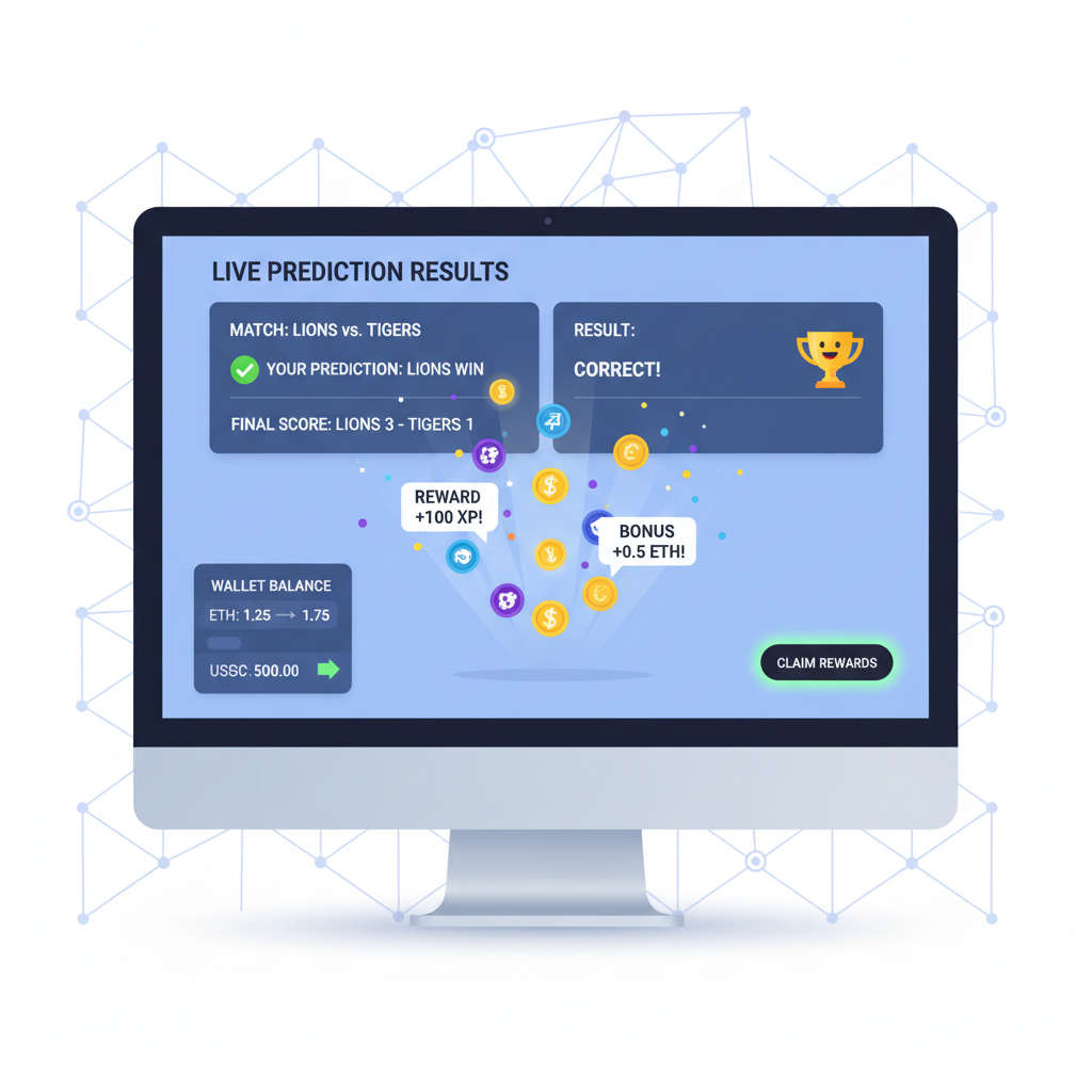 live sports prediction results screen, rewards popping up, web3 wallet balance increasing