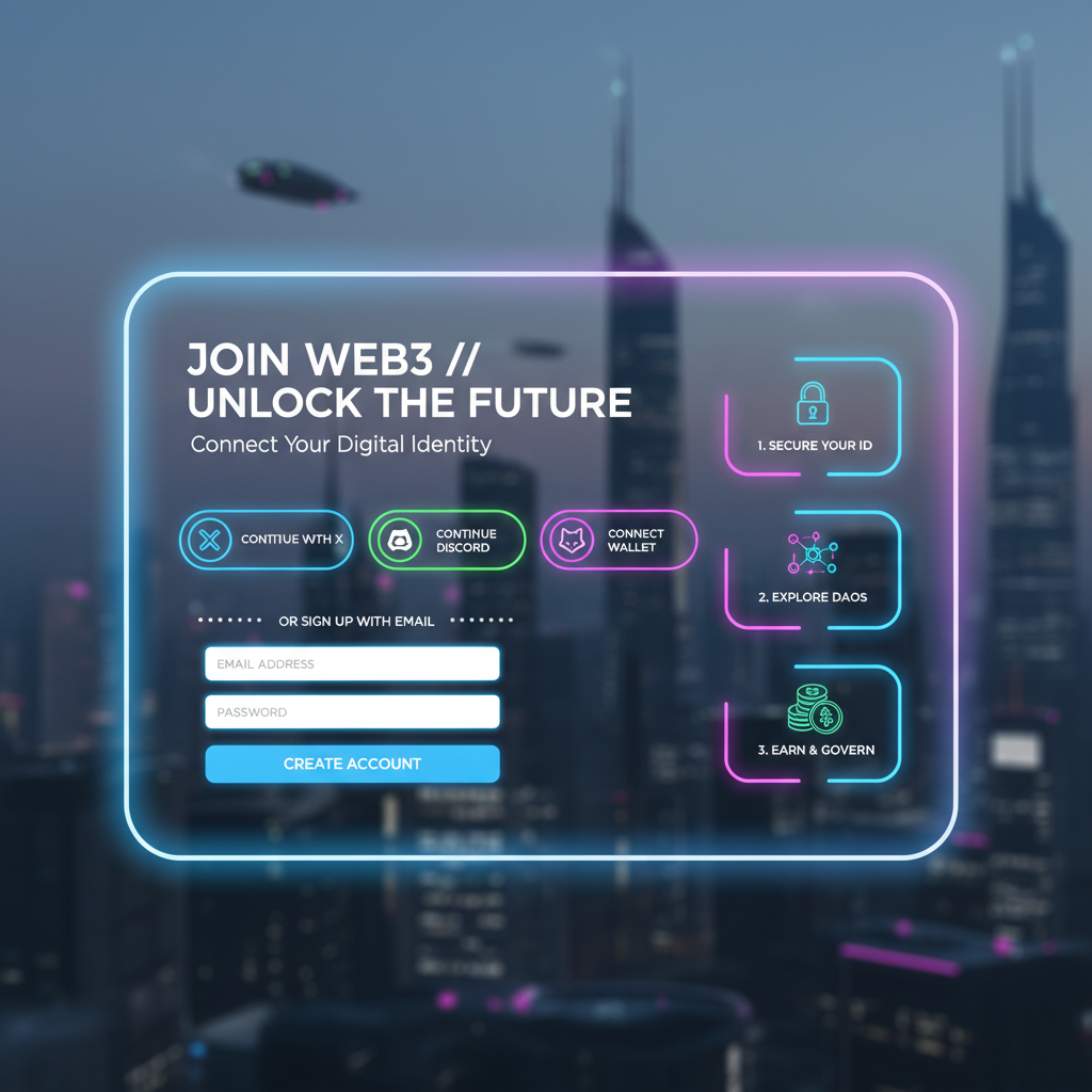 futuristic web3 signup page with social login buttons, neon glow, clean UI