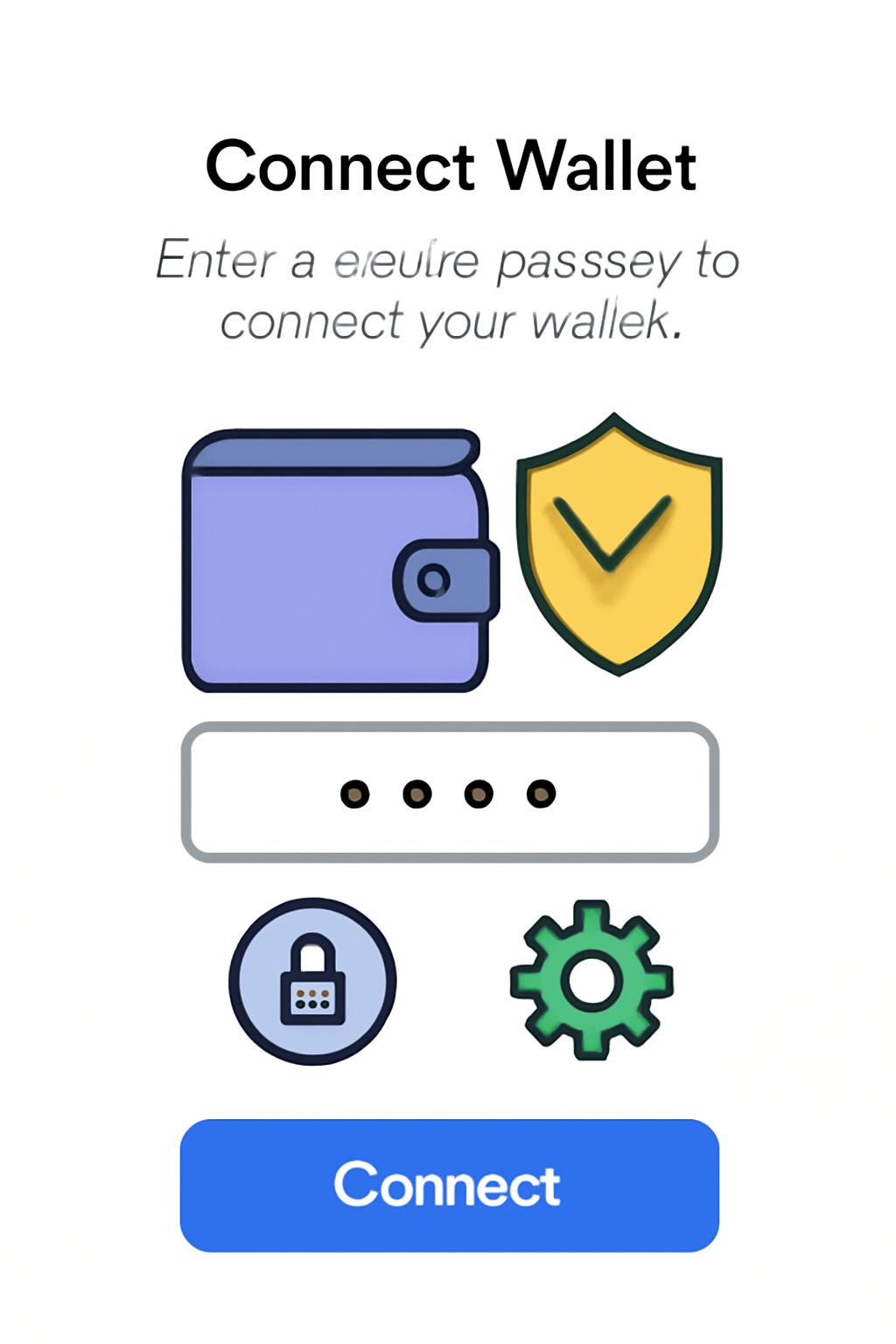 A digital wallet connection screen, with a secure passkey input, friendly security icons