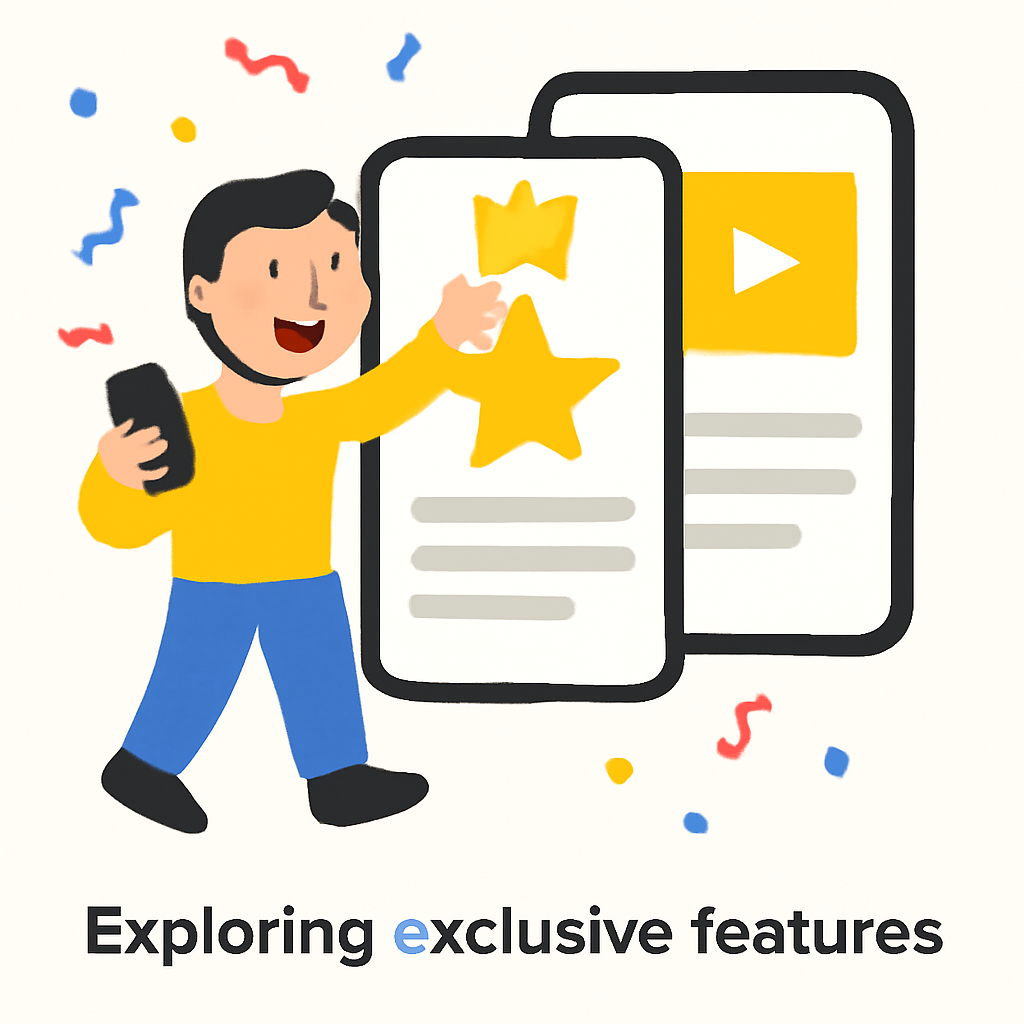 A user happily exploring exclusive app features, confetti, premium content screens, celebratory vibe