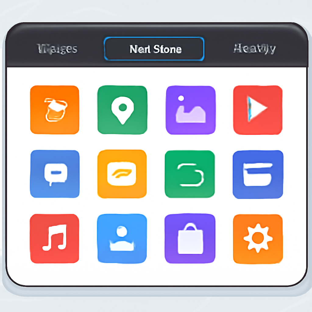 A user interface with a highlighted 'Mini Apps' tab, colorful app icons, sleek and futuristic design
