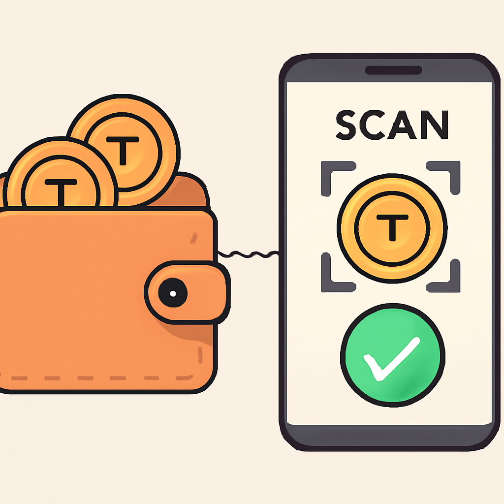 A digital wallet with tokens inside, app scanning and verifying tokens, green checkmark for success