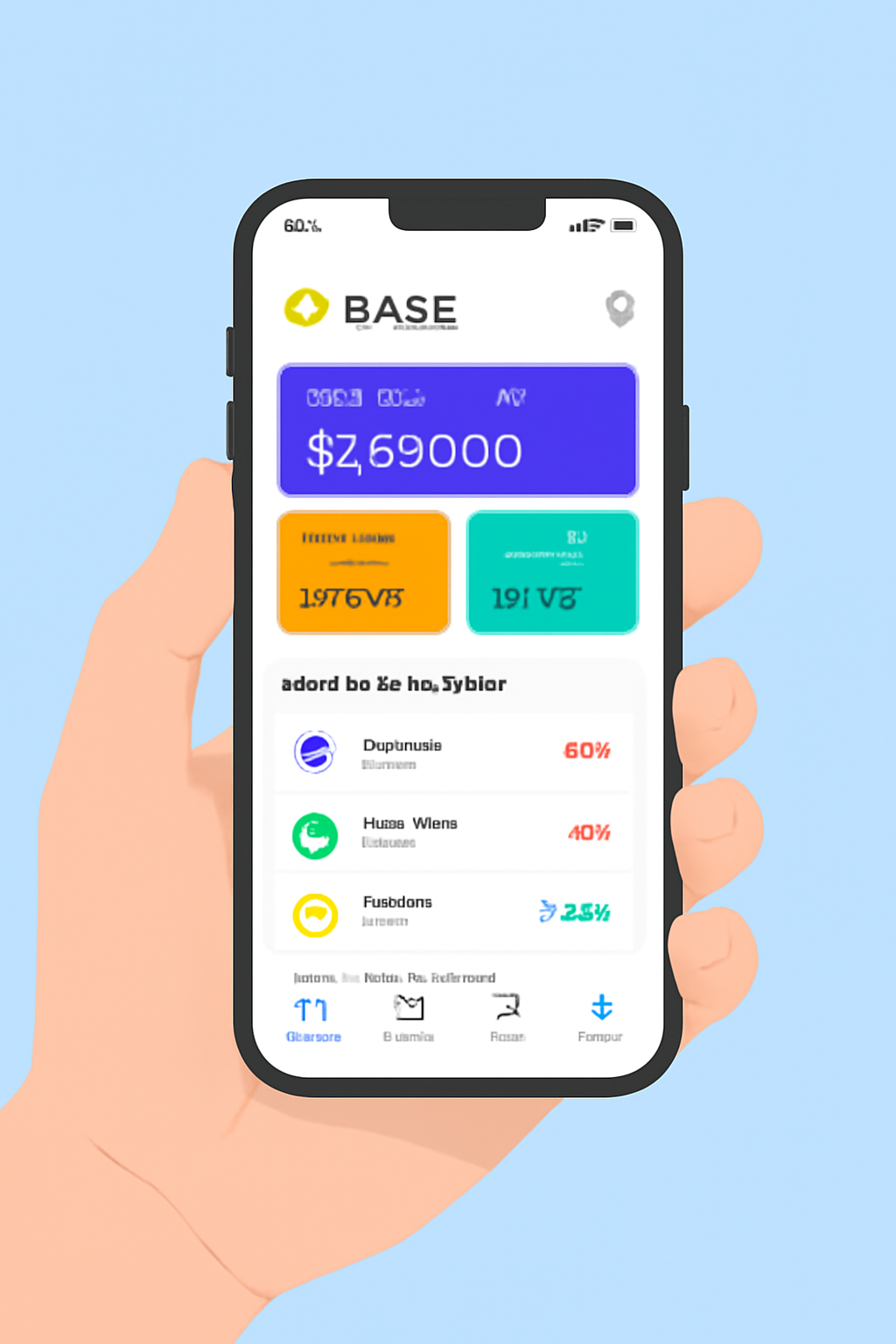 A smartphone displaying the Base app home screen, vibrant colors, modern UI, user's hand holding the phone