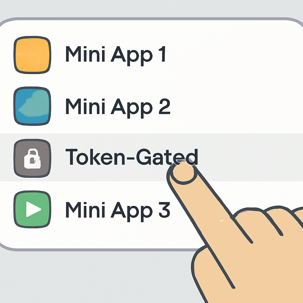 A list of mini apps, one with a lock or key icon indicating 'token-gated', user finger tapping on it
