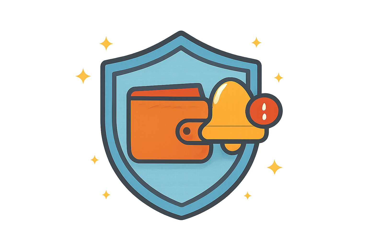 A shield icon with a wallet, notification bell for updates, cheerful and reassuring atmosphere