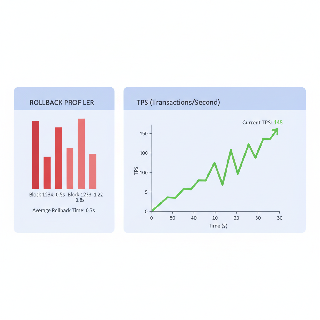 blockchain testnet dashboard profiling rollbacks TPS graph, rising green line