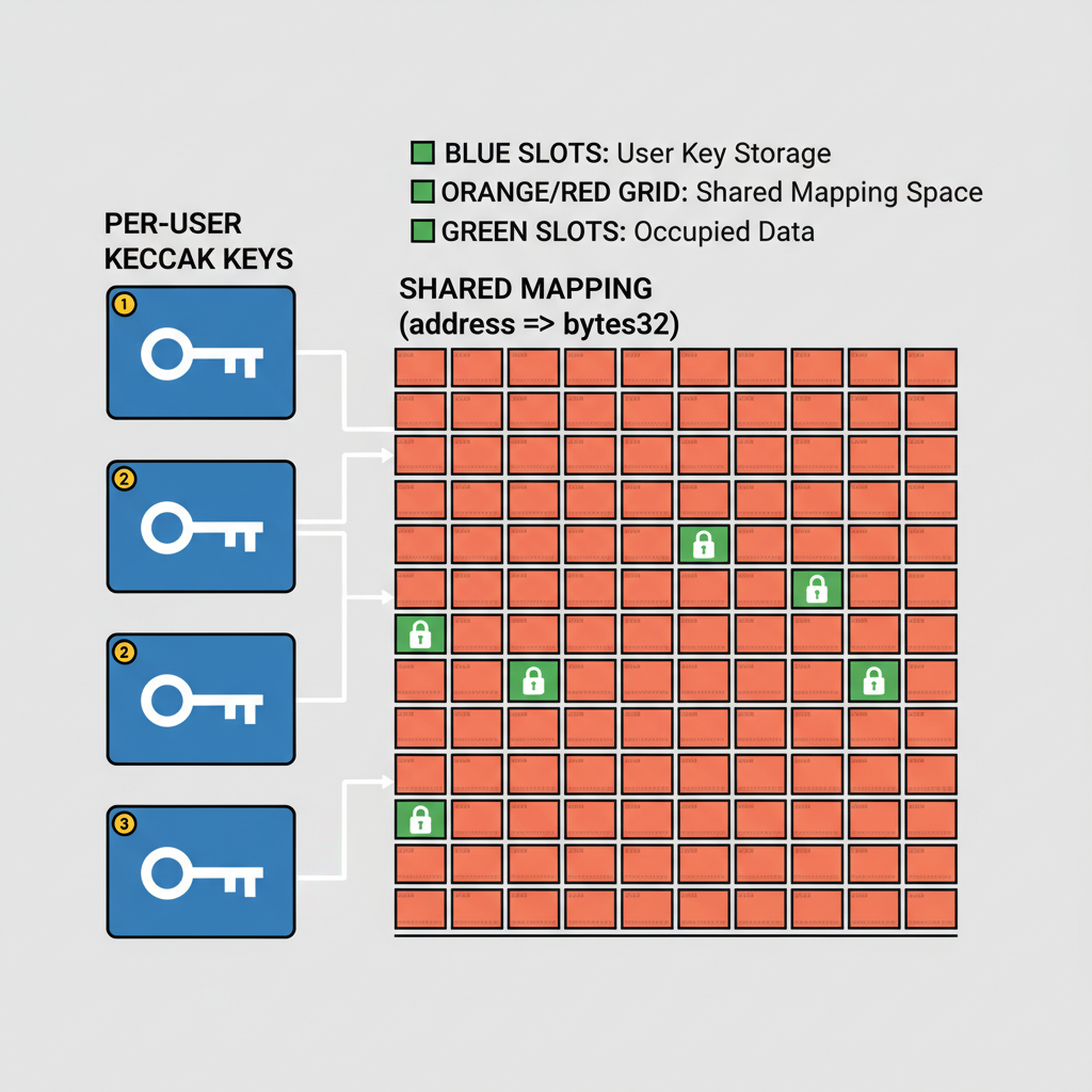 solidity storage slots diagram, per-user keccak keys vs shared mapping, colorful slots grid