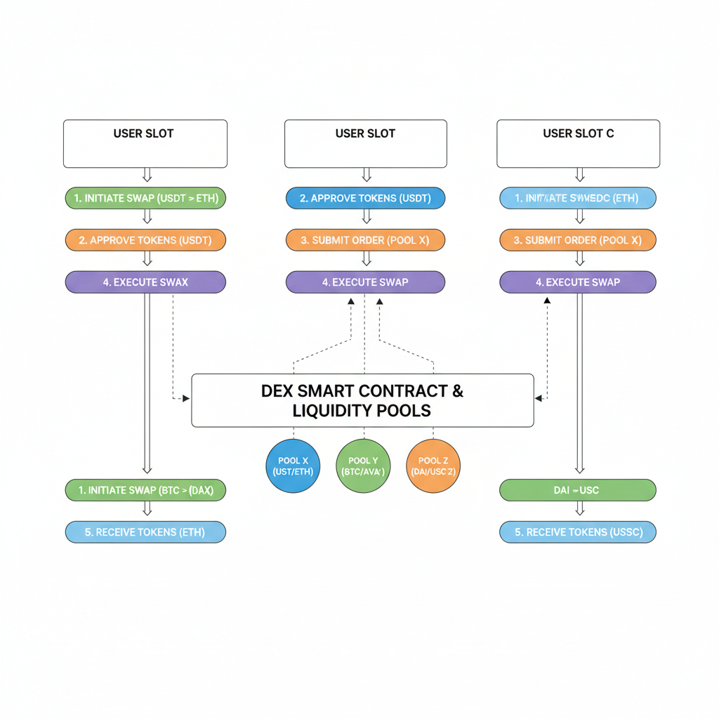 DEX swap flow diagram per-user slots avoiding collisions, arrows parallel paths