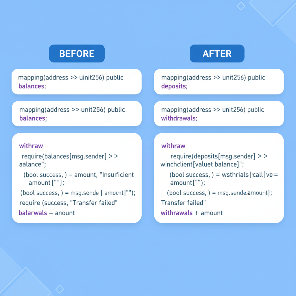 solidity code before after refactor balances per-user slots, split screen, code highlighting