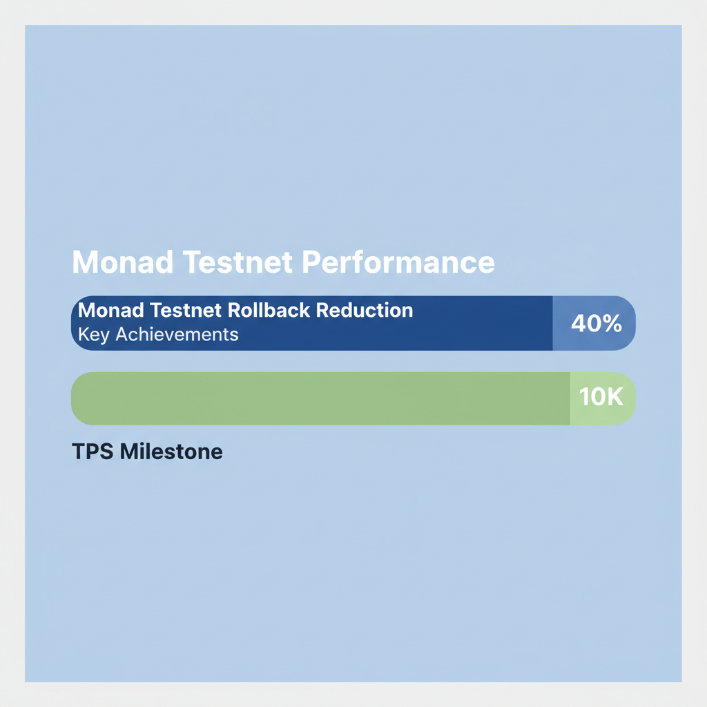 bar chart 40% rollback reduction Monad testnet, TPS 10k milestone, data viz style