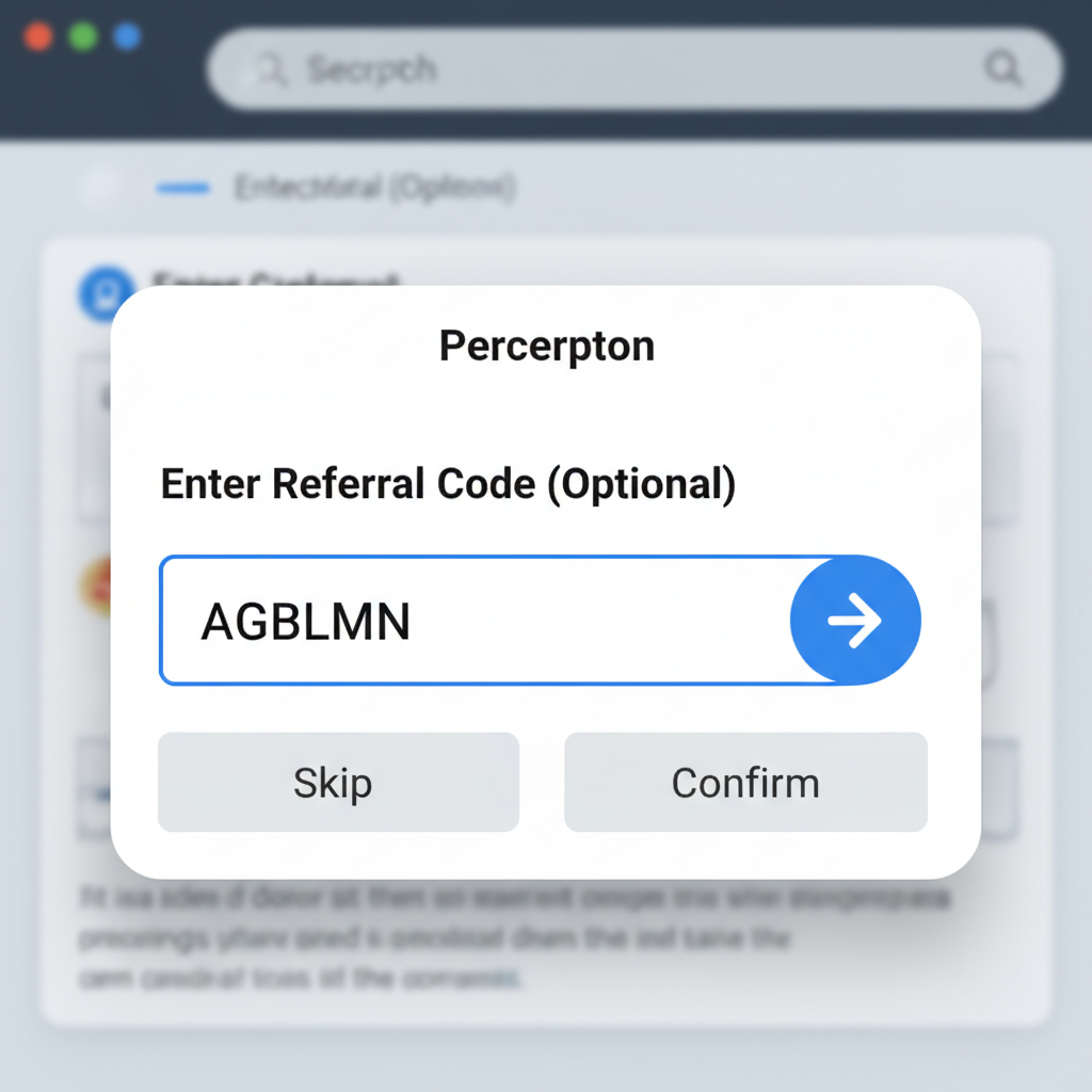 close-up screenshot of Perceptron extension popup showing referral code input field with AGBLMN entered
