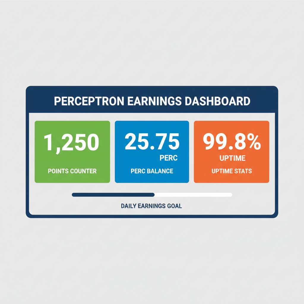 screenshot of Perceptron earnings dashboard displaying points counter, PERC balance, and uptime stats