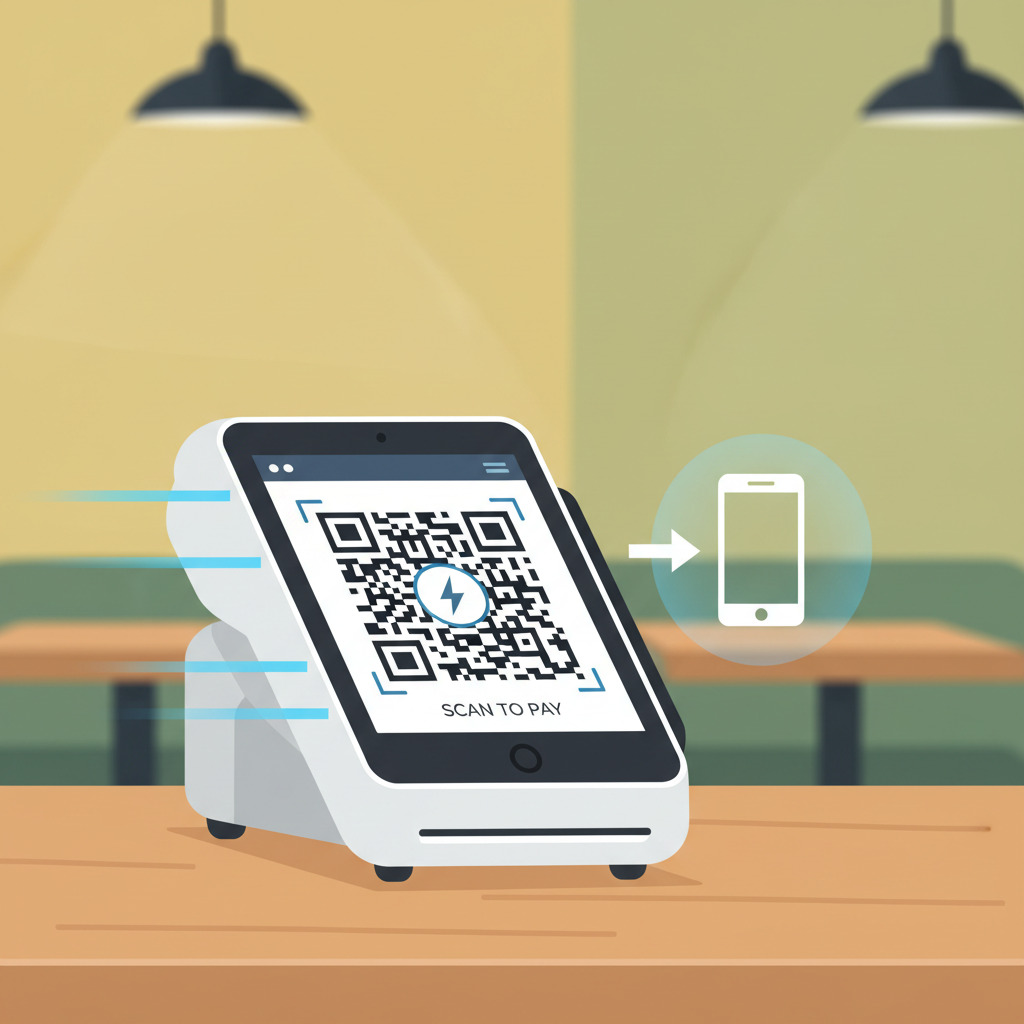 modern lightning pos terminal on restaurant counter displaying qr code