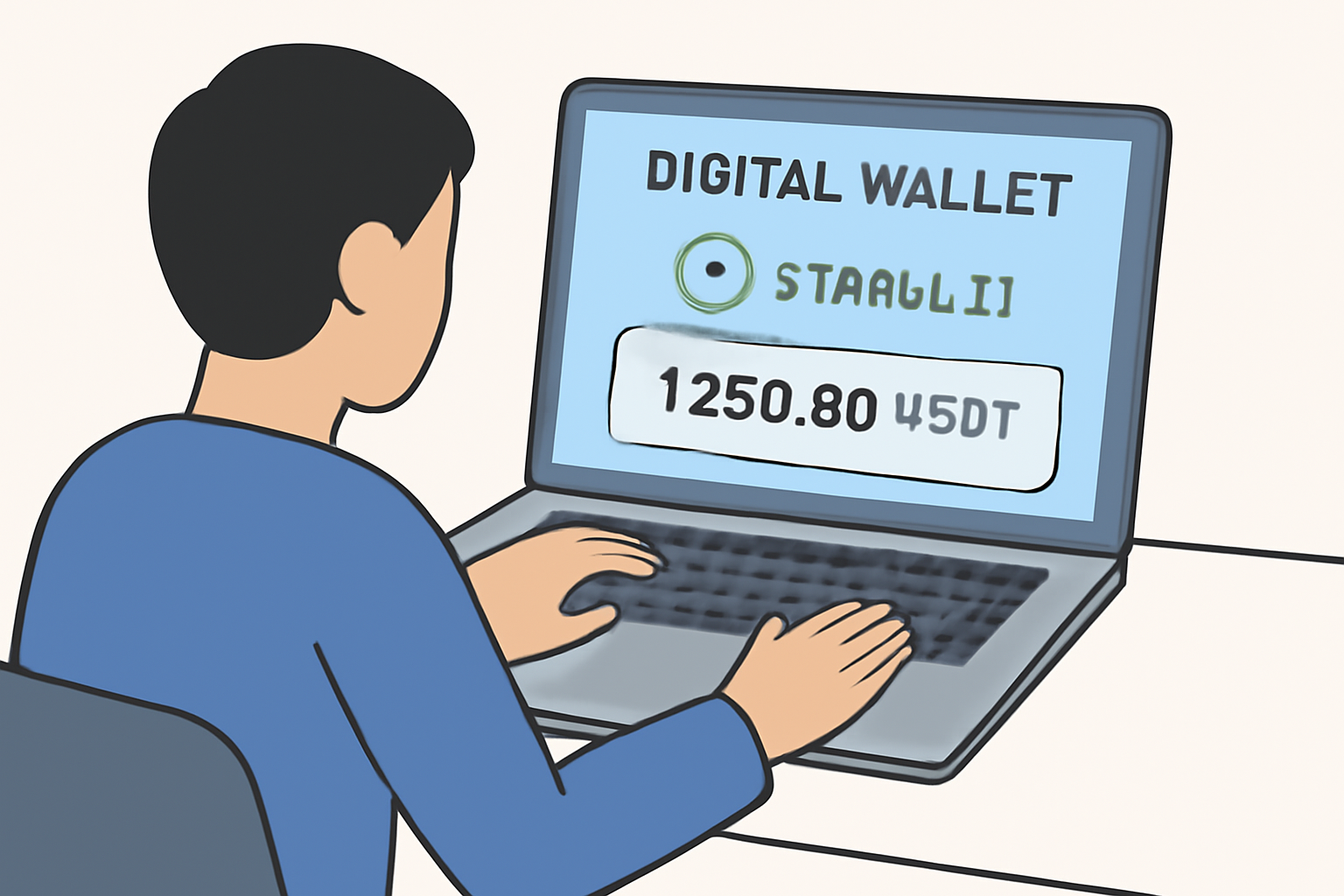 A user opening a digital wallet interface on a laptop, showing the Stable L1 logo and USDT balance.