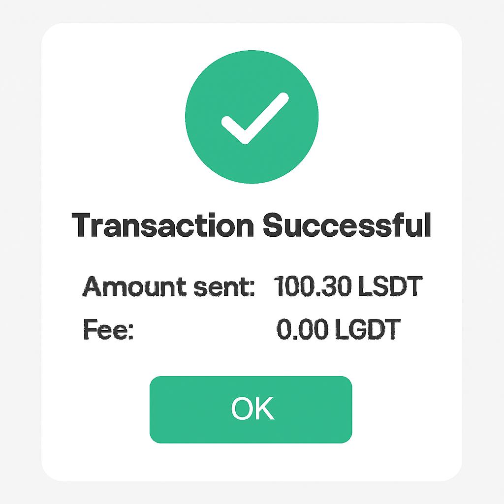 A confirmation pop-up with a green checkmark and a 'Transaction Successful' message, showing the amount sent and fee in USDT.