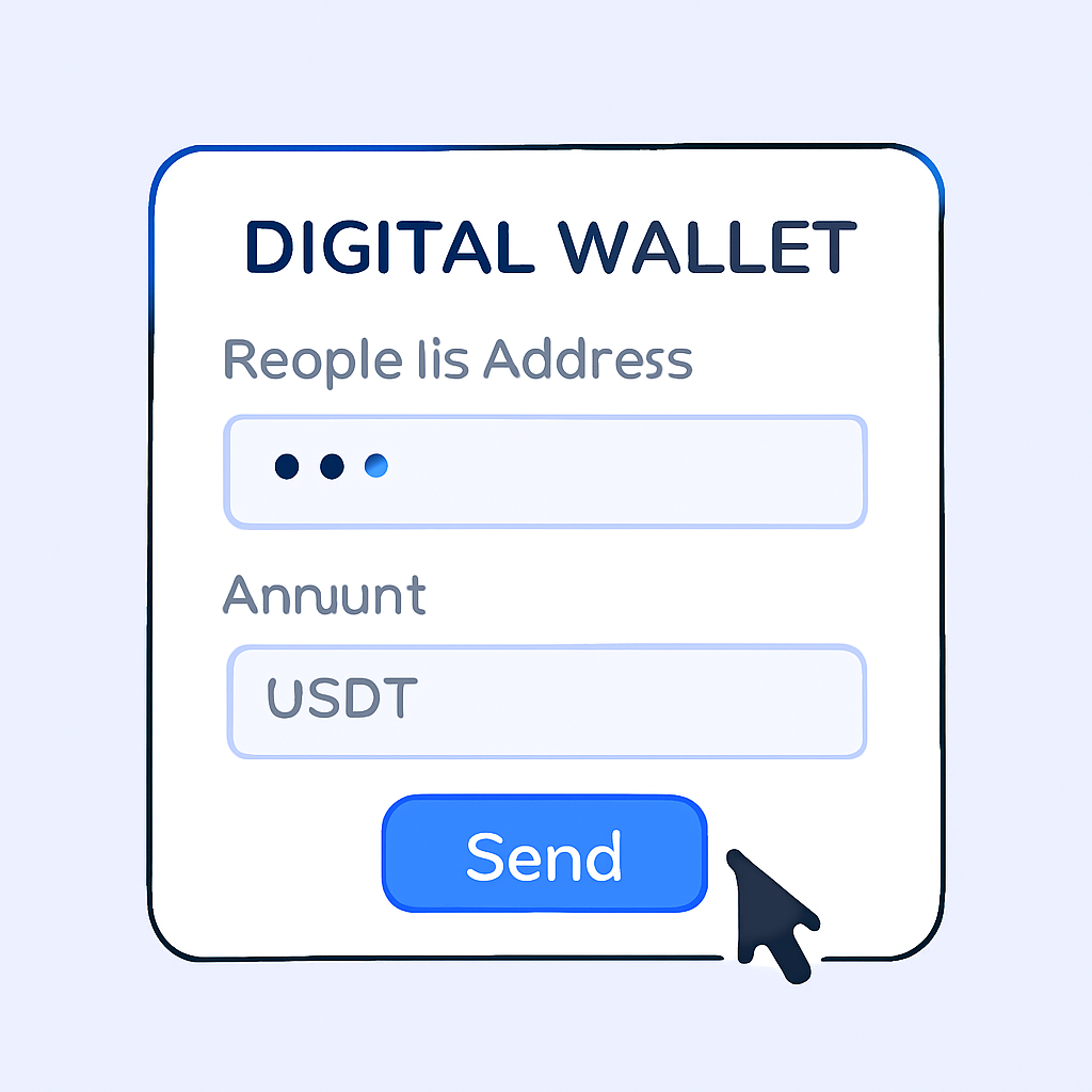 A form on a digital wallet with fields for recipient address and USDT amount, with a cursor hovering over the 'Send' button.