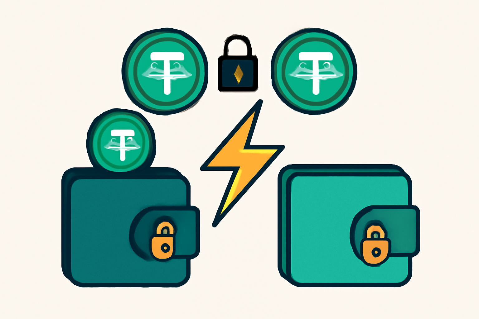 A visual of a completed transaction: USDT coins moving between two wallets with a lightning bolt to indicate speed, and a secure lock symbol.
