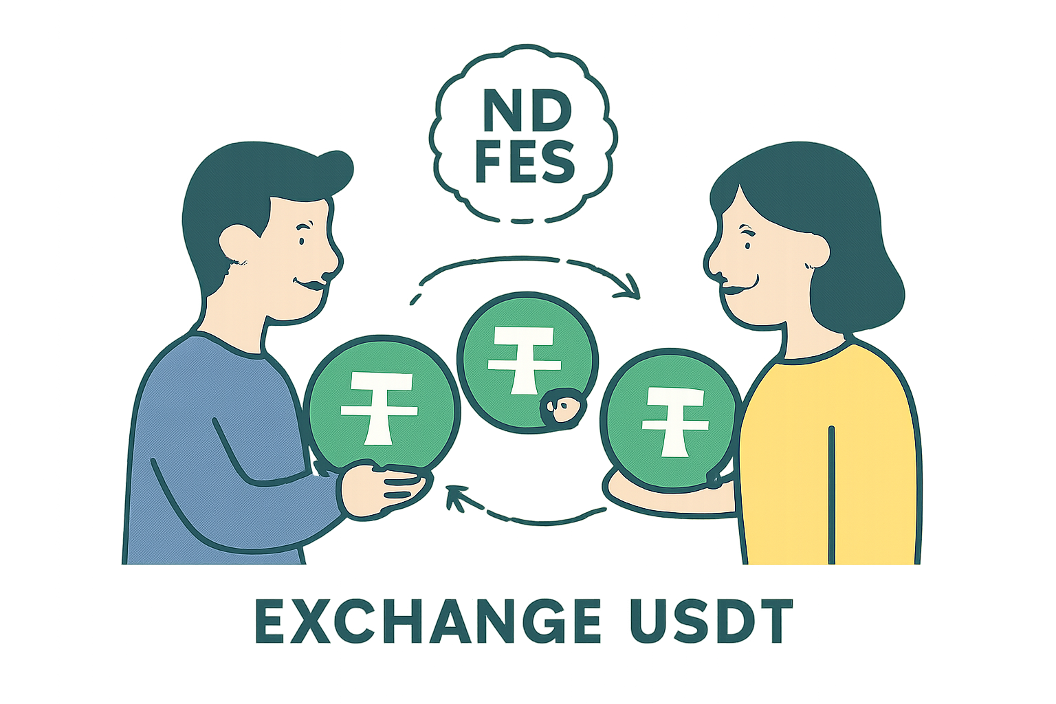 Two users exchanging USDT with a 'No Fee' badge and a special USDT0 token icon between them, emphasizing zero-cost transfer.