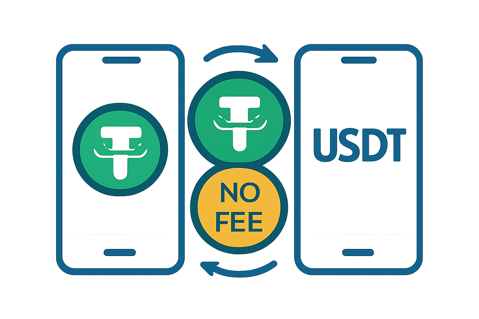 Two smartphones exchanging a USDT0 token icon with a 'No Fee' badge between them, symbolizing a gas-free transfer.