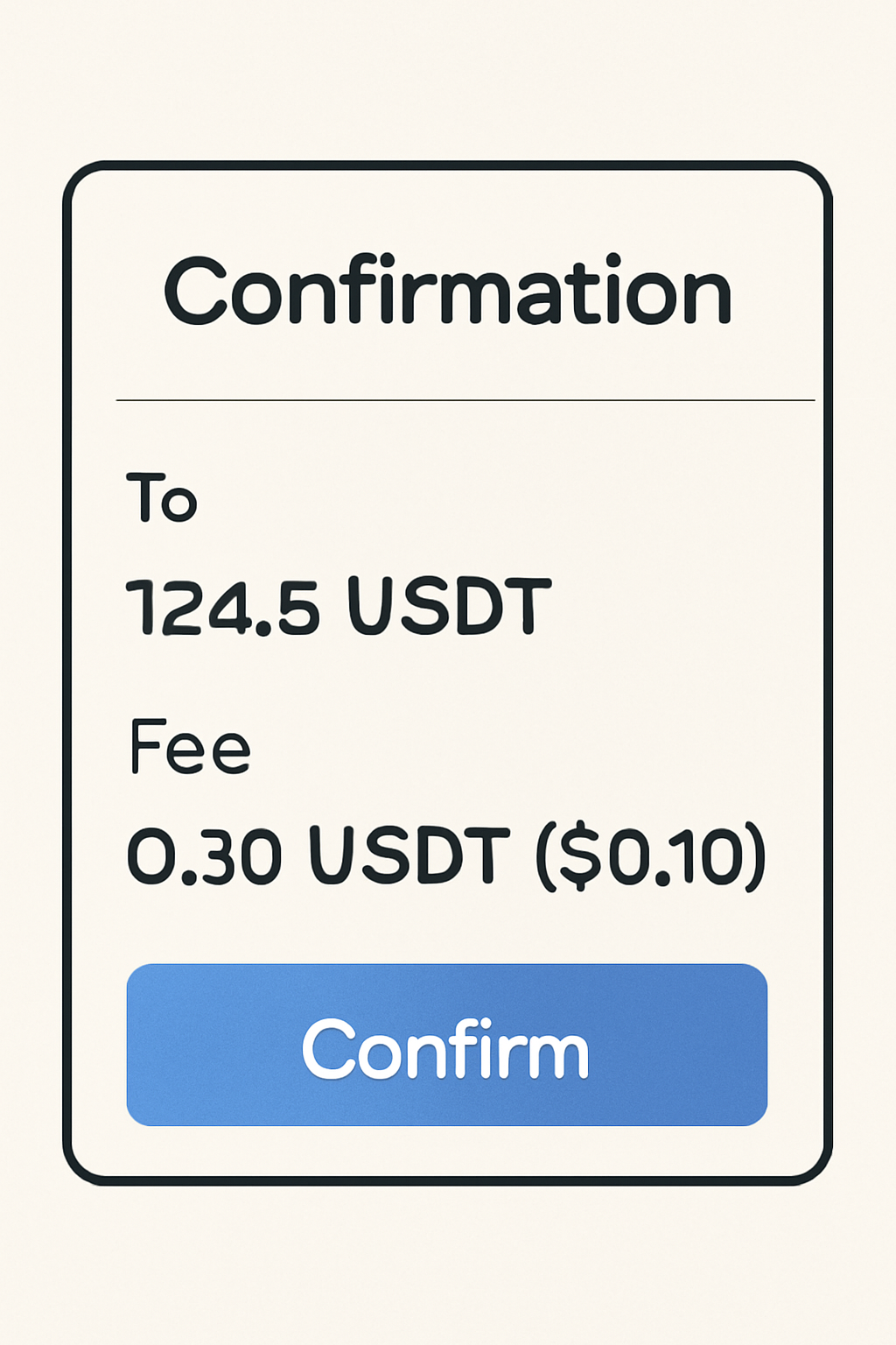 A close-up of a transaction confirmation screen, highlighting the fee line showing 'Fee: 0.10 USDT ($0.10)'.