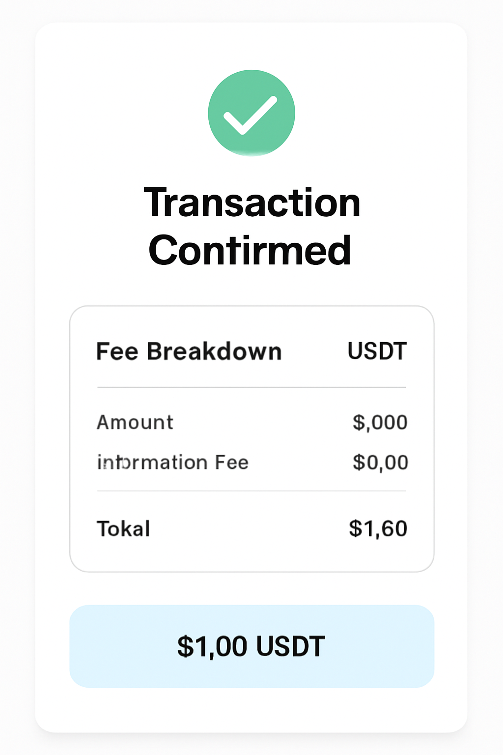 A transaction confirmation screen showing a fee breakdown in USDT, with a $1.00 USDT price tag, and a checkmark indicating approval.