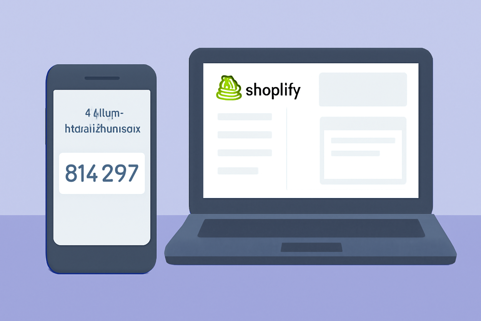 A smartphone showing a two-step authentication code, next to a laptop with the Shopify admin open.