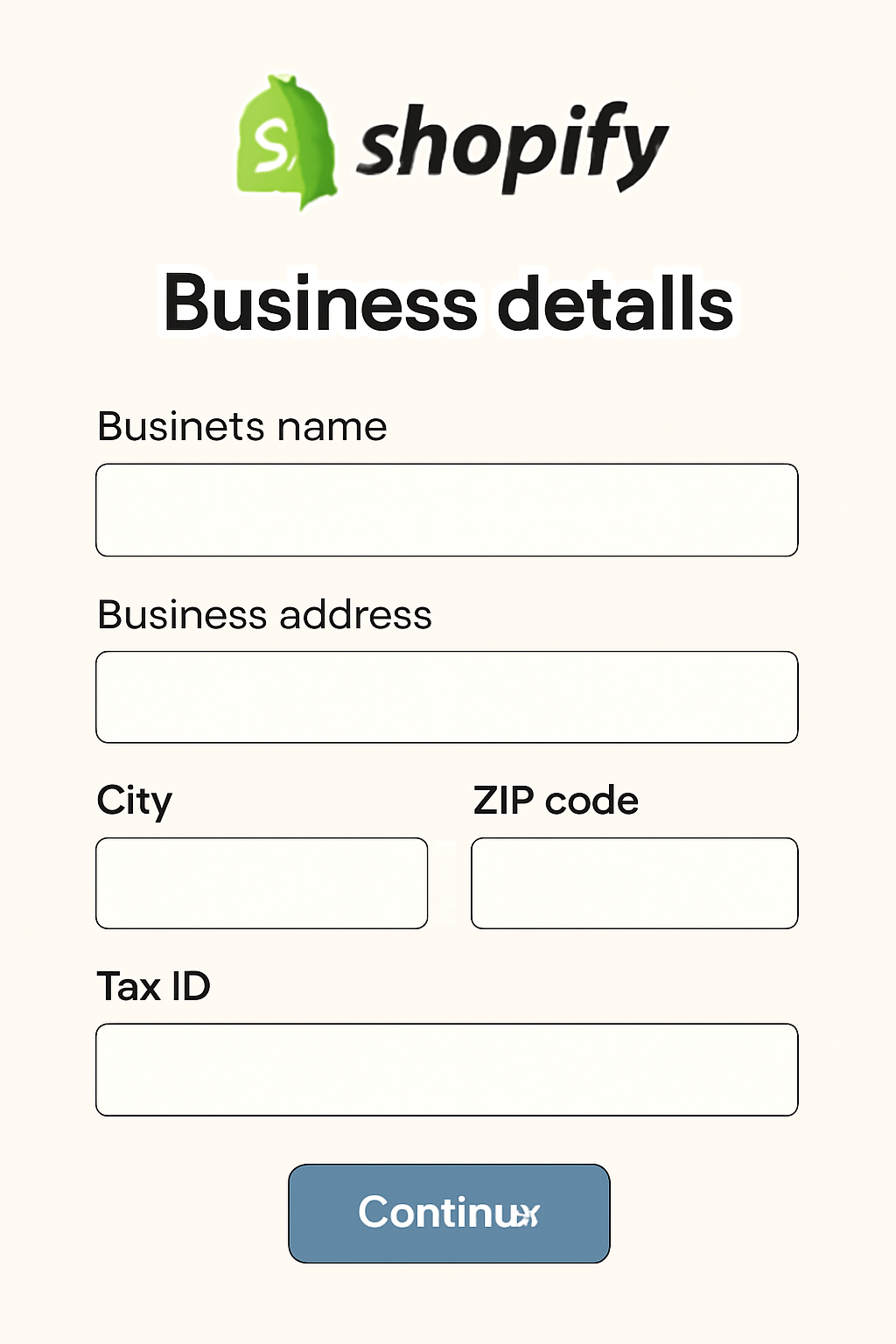 A form on Shopify asking for business details like name, address, and tax information.