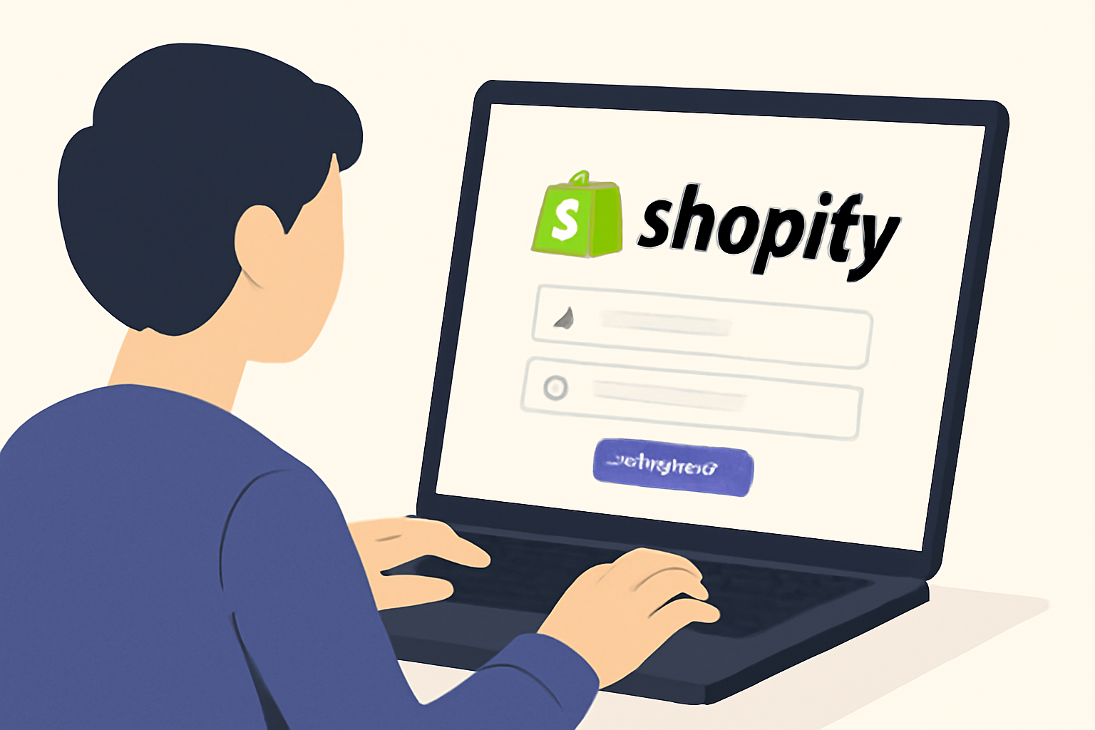 A person logging into the Shopify admin dashboard on a laptop, with the Shopify logo visible on the screen.