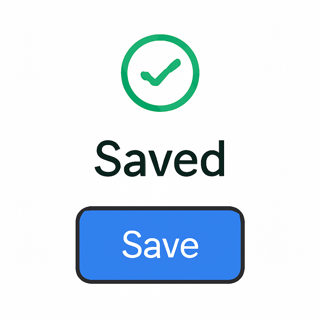 A confirmation screen in Shopify with a 'Save' button highlighted and a green checkmark indicating success.
