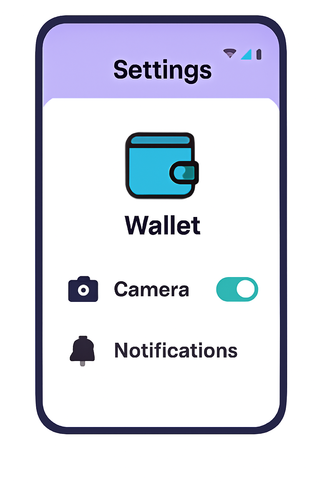 Settings screen on the Saga phone showing app permissions toggled on for a wallet app, with icons for camera and notifications.