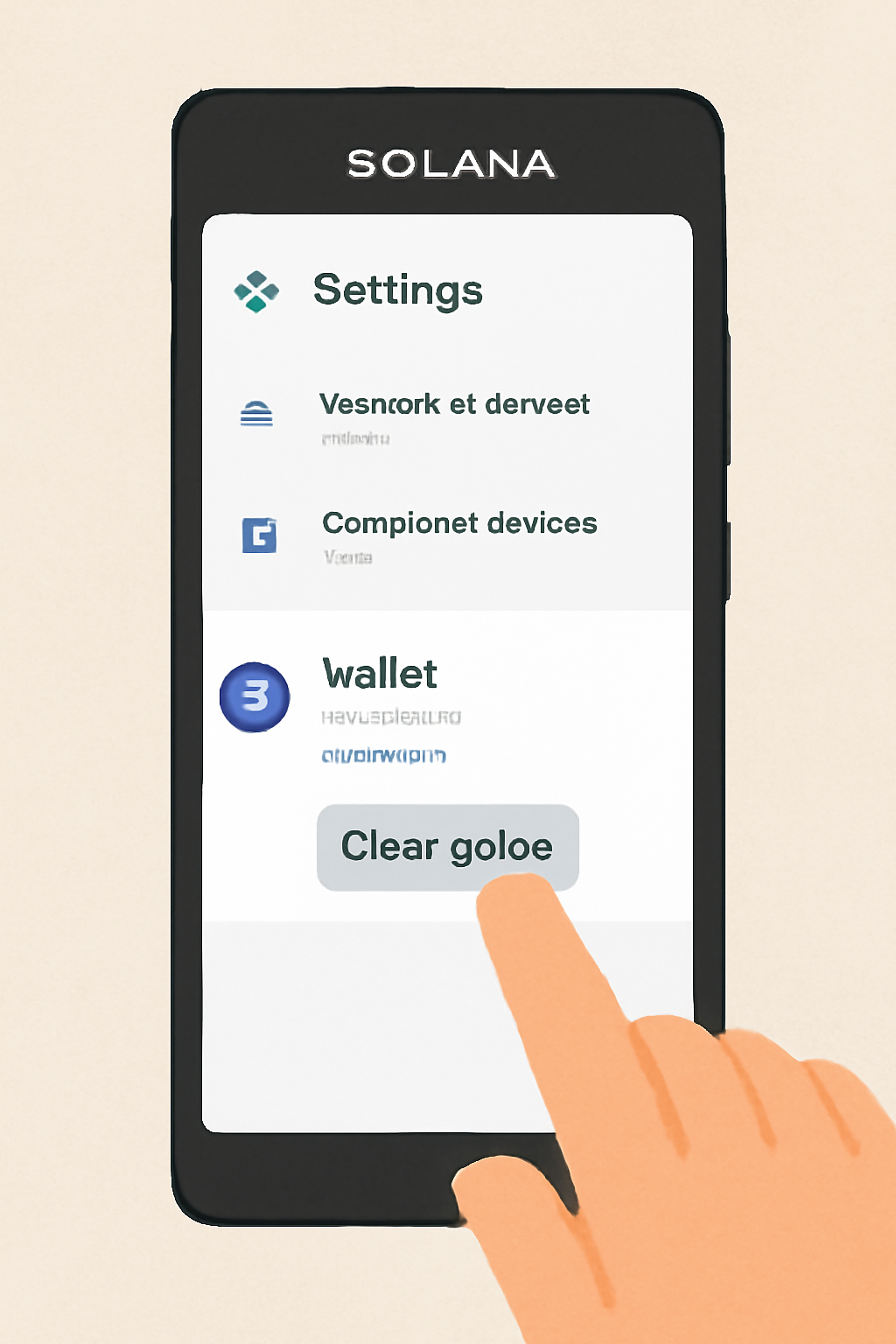 A user navigating to the Android settings on a Solana Saga phone, selecting a wallet app, and tapping 'Clear cache'. Emphasize the phone screen and the cache clearing option.