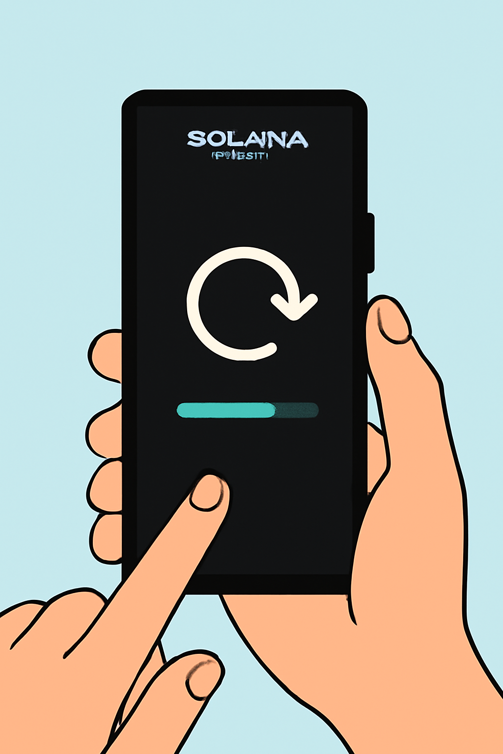 A hand holding the Solana Saga phone, pressing the power button, with a restart icon on the screen. Show a friendly reboot animation or progress bar.