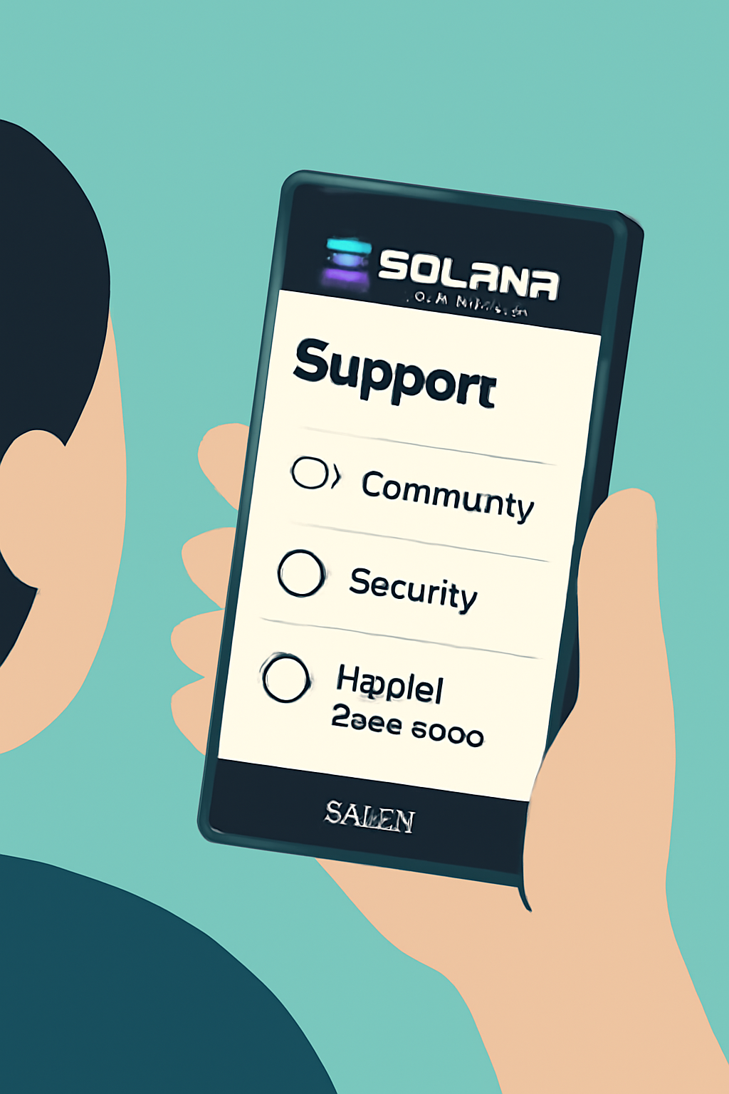 A user browsing the Solana support website or community forum on their Saga phone, with a focus on security and helpful resources.